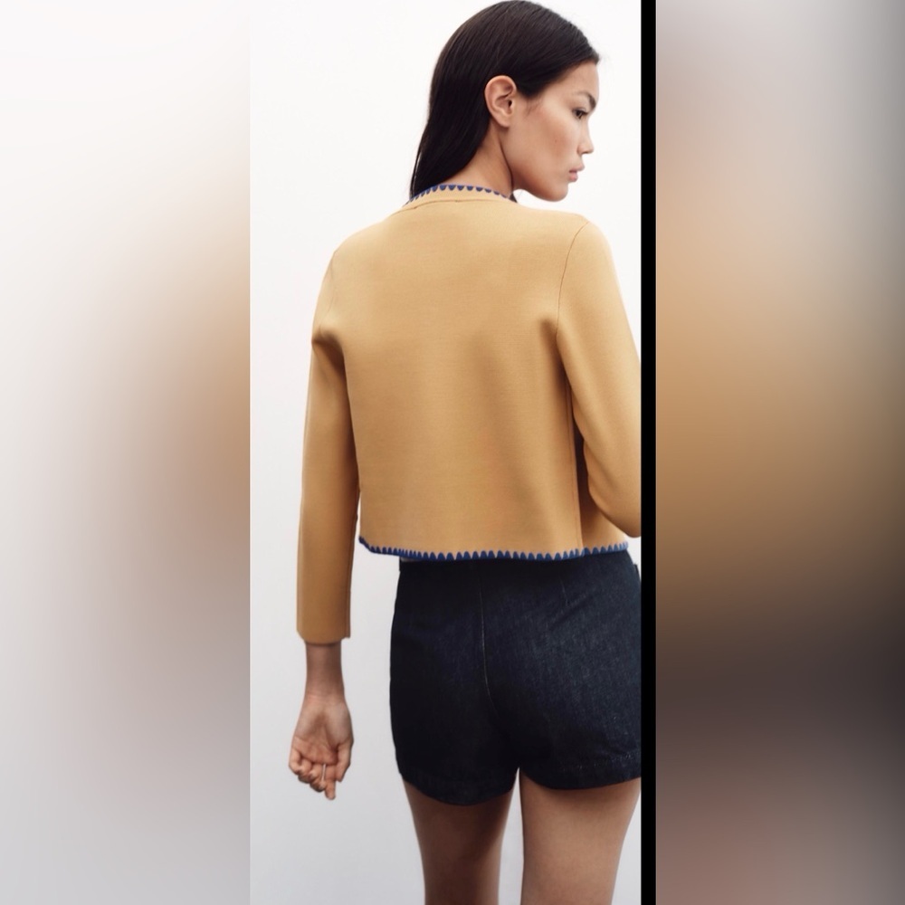 Zara Contrast Embroidery Knit Cardigan Camel Blue Trim Size Large NWT - Picture 5 of 15